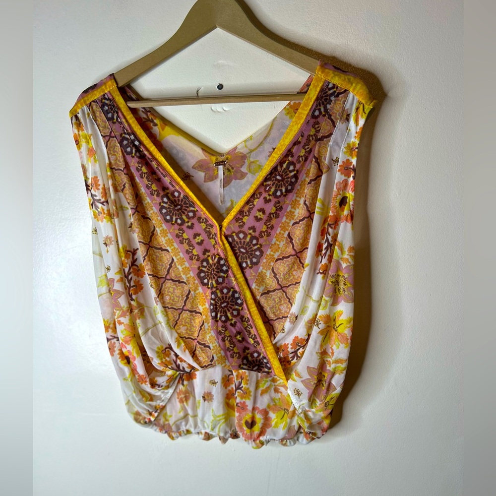 Boho Floral Print Surplice Blouse in Yellow and Pink
